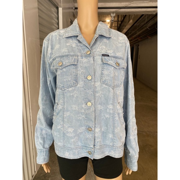 Blassport Denim Jacket Womens Floral Light Wash Cotton Button Up Size L - Picture 1 of 9